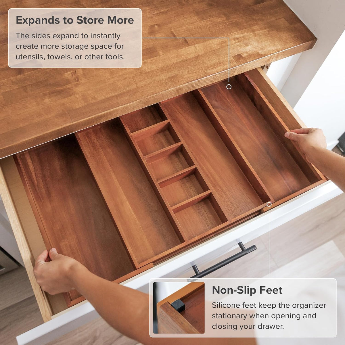 Adjustable Kitchen Drawer Organizer for Utensils and Junk, Food-Safe Contract Grade with 100%
