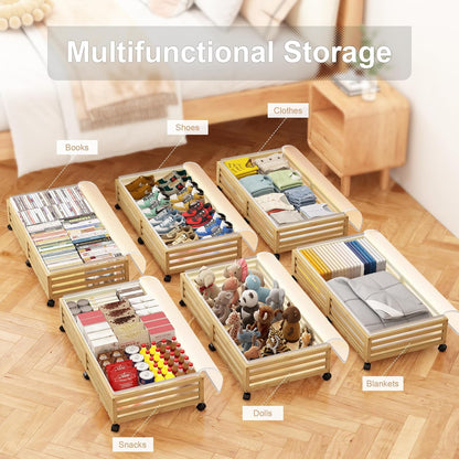 Under Bed Storage with Wheels-Large Bamboo Underbed storage Containers with Large Dust Bag