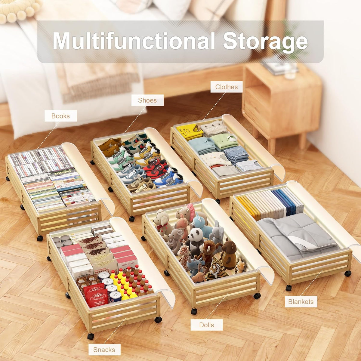 Under Bed Storage Containers With Wheels - 2 Pcs Large Bamboo Wood Rolling Underbed Shoe Storage