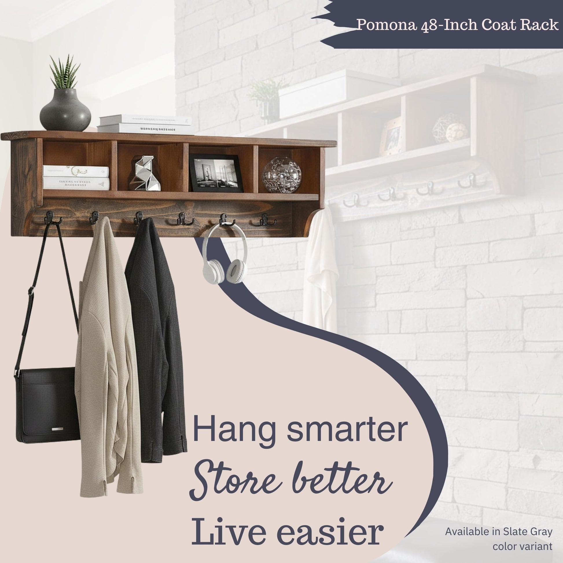 Pomona Solid Wood Entryway Coat Rack with Cubbies, Rustic Brown, 48 Inch