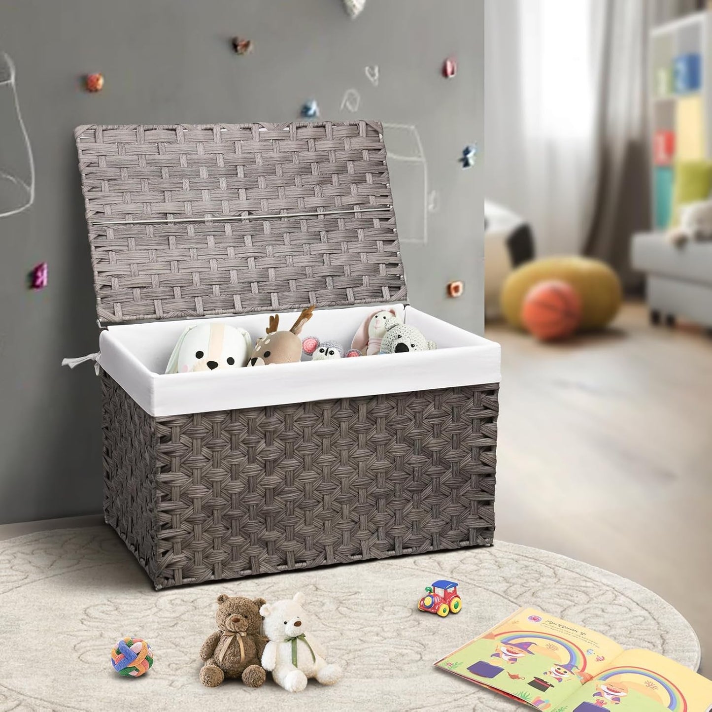 Wicker Storage Basket with Lid, 42.3 Gallon (160L) Large Blanket Basket with Lid, Woven Storage Bin
