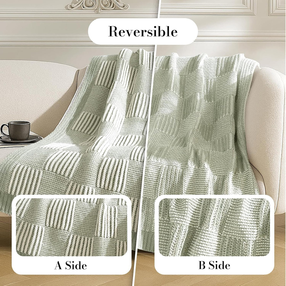 Amélie Home Chenille Knit Throw Blanket for Couch, Checkered Texture Decorative Soft Blanket for