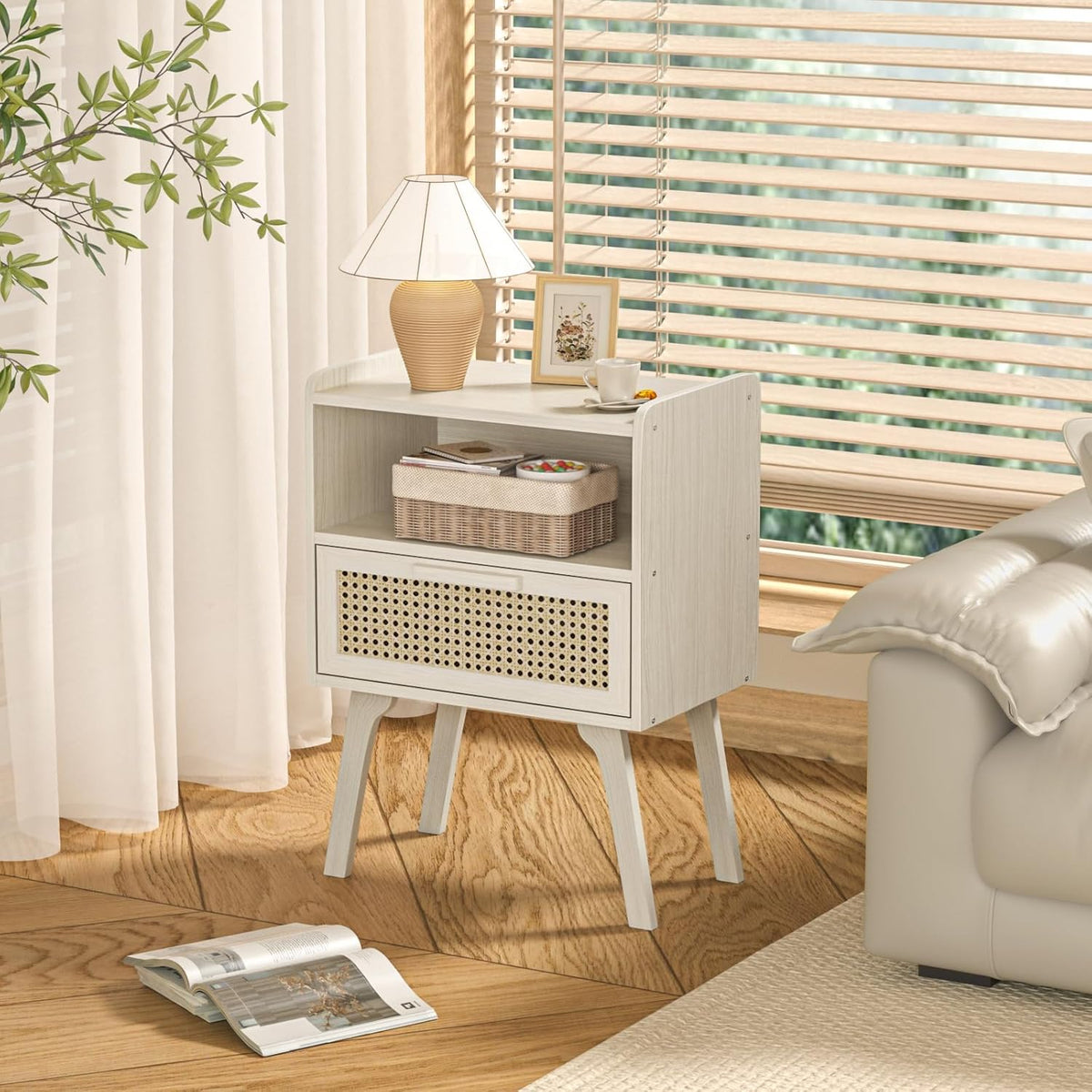Lerliuo Rattan Nightstands Set of 2, Side Table with Drawer Open Shelf, Cane Accent Bedside End