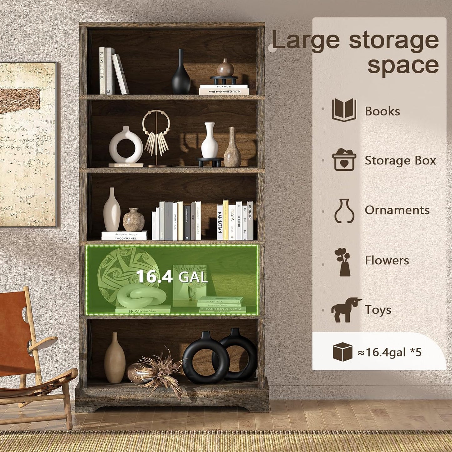 TVU 5-Shelf Wood Bookcase, 65 Inch Tall Bookshelf with Storage, Floor Standing Display Book Shelf