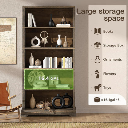TVU 5-Shelf Wood Bookcase, 65 Inch Tall Bookshelf with Storage, Floor Standing Display Book Shelf