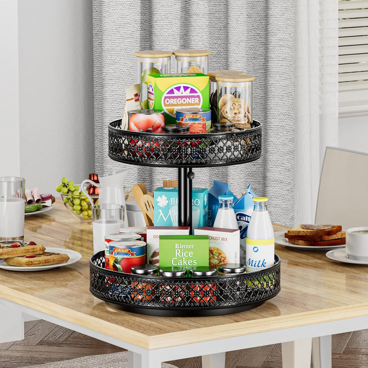 Lazy Susan Organizer 2 Tier - Turntable Spice Rack 12 inch Adjustable Metal Rotating Lazy Susan for