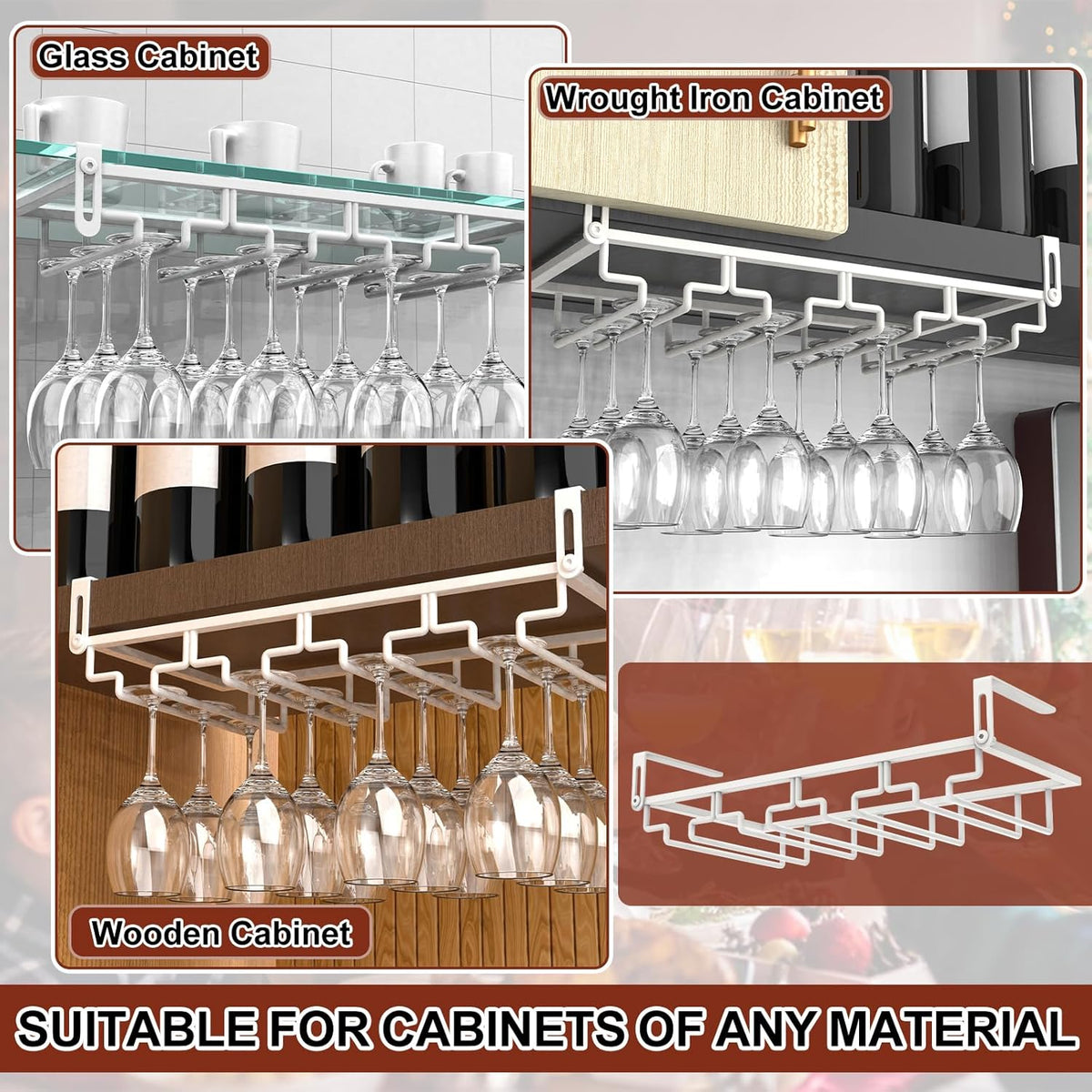AUHOKY 2Pcs Adjustable Wine Glass Rack Under Cabinet, Punch-Free 4 Rows Stemware Wine Glass Metal