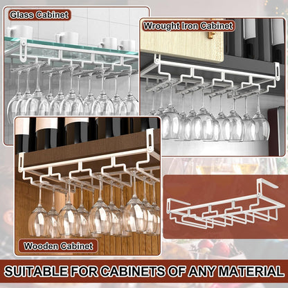 AUHOKY 2Pcs Adjustable Wine Glass Rack Under Cabinet, Punch-Free 4 Rows Stemware Wine Glass Metal
