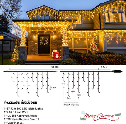 JMEXSUSS Christmas Icicle Lights for Outside-800 LED Warm White Icicle Lights Outdoor Waterproof