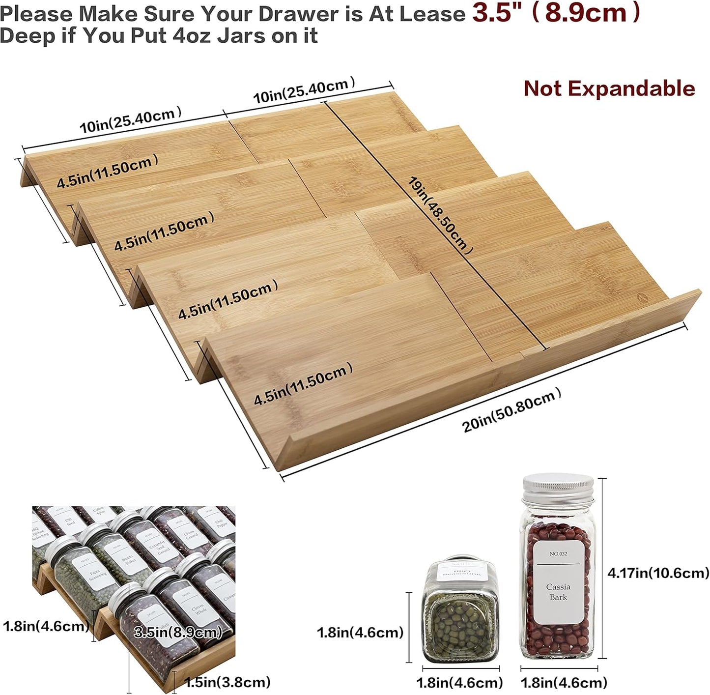 Bamboo Spice Rack Drawer Organizer - 8 Pieces Set- 10" Wide Per Piece - Combine Pieces Into 20"
