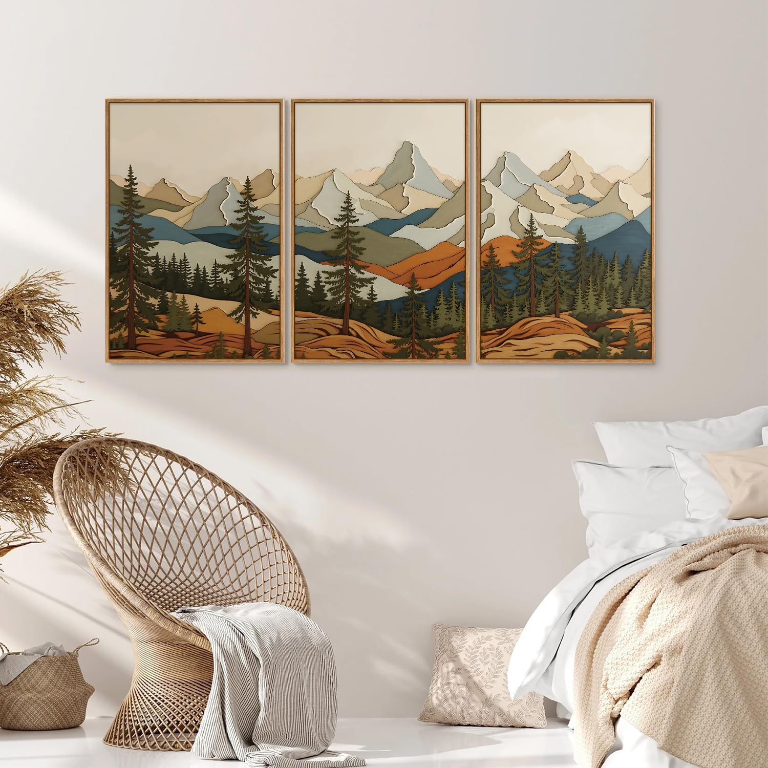 SIGNINART Vintage Mountains Framed Canvas Wall Art, Wooden Forest Wall Decor, Green Wood Pine Trees