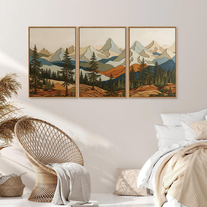 SIGNINART Vintage Mountains Framed Canvas Wall Art, Wooden Forest Wall Decor, Green Wood Pine Trees