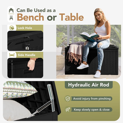 Flamaker Deck Box with Cushion 100 Gallon Waterproof Resin Storage Box with Air Rod Indoor Outdoor