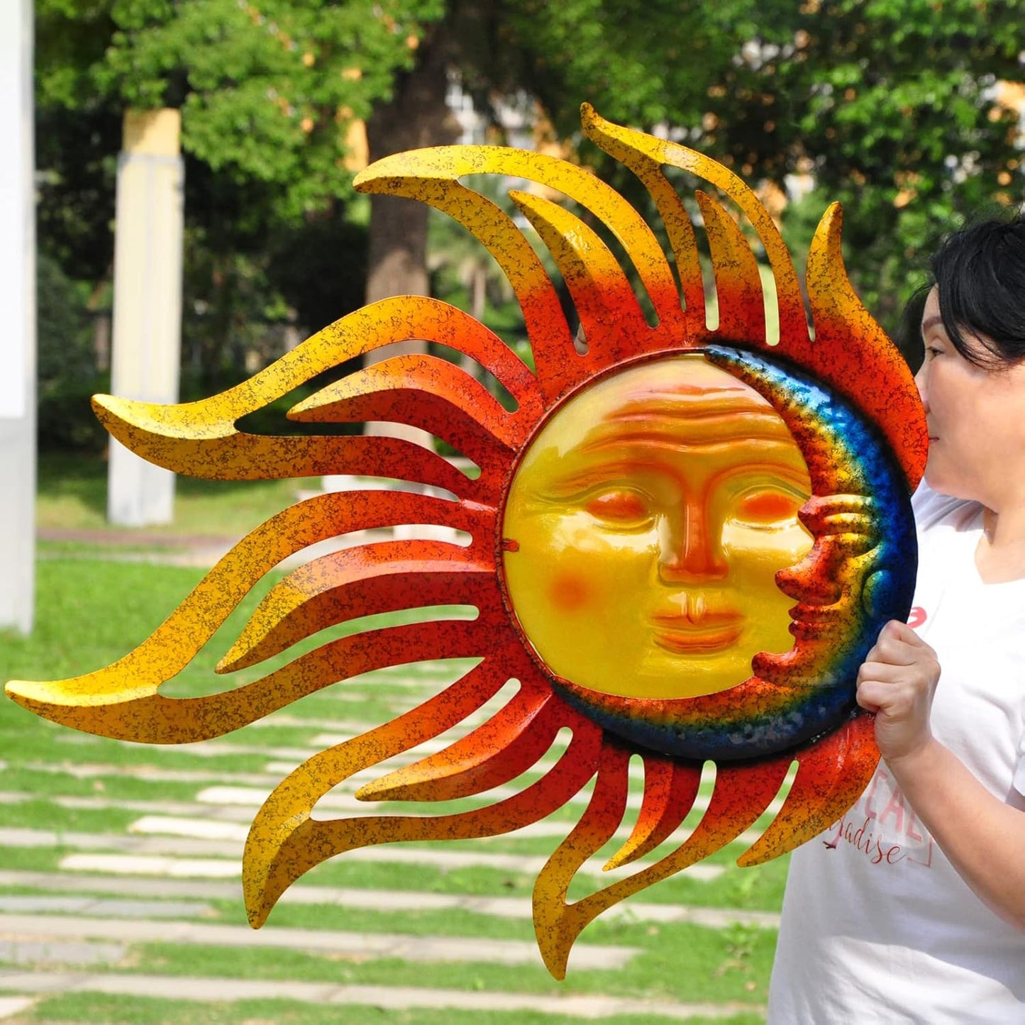 Tuokiuhn Large Sun Metal Outdoor Wall Art Decor Metal Sun Moon Wall Decor Outdoor Art Hanging