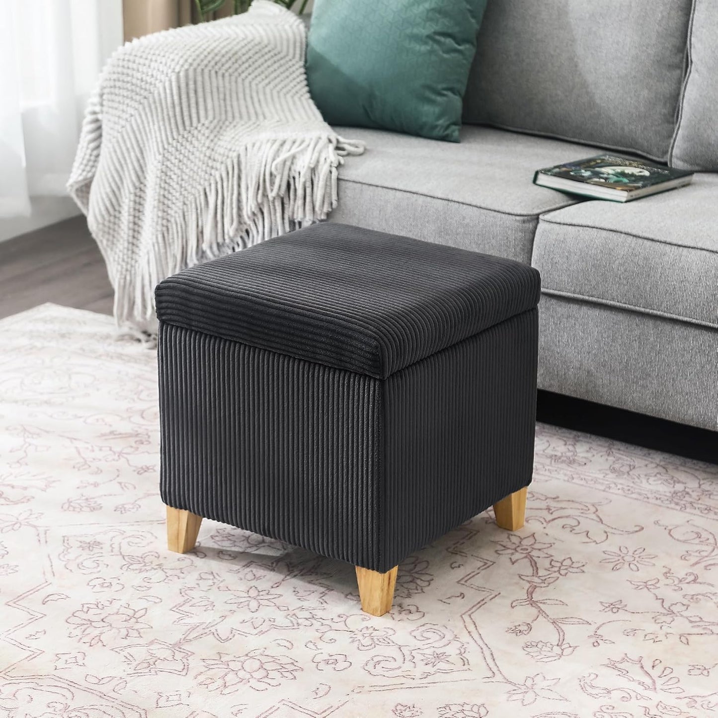 Adeco 18 Inch High Faux Fur Grey Cube Ottoman Storage, Fluffy Striped Velvet Chair Foot Stools