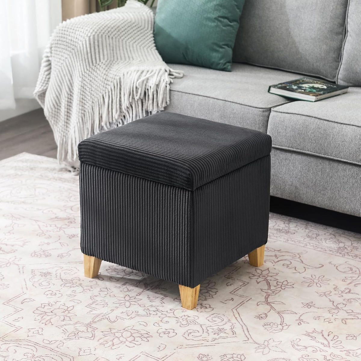 Adeco 18 Inch High Faux Fur Grey Cube Ottoman Storage, Fluffy Striped Velvet Chair Foot Stools