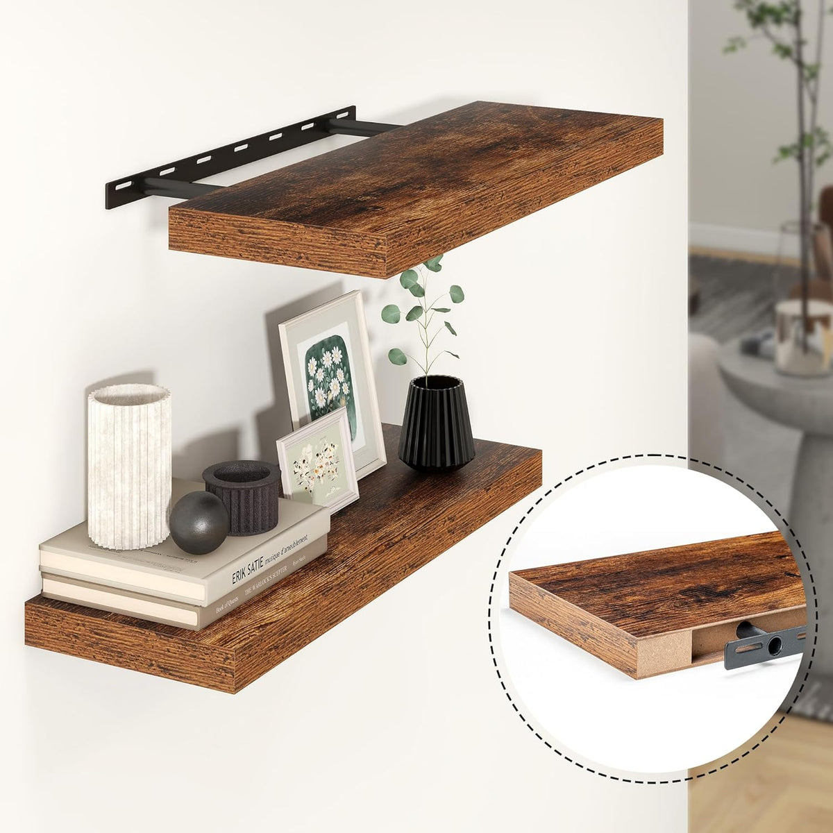 Heimlove 24 inch Floating Shelves for Wall,9.3 inch deep Brown Bathroom Over Toilet Shelf,Wall