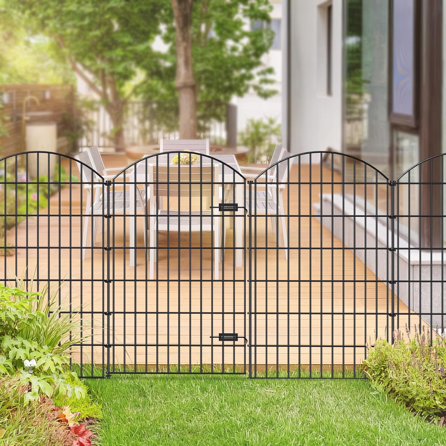 Metal Garden Fence with Gate 48in (H) x 20.3ft (L), 1 Gate+ 7 Panels Dog Fences Border Fence Animal
