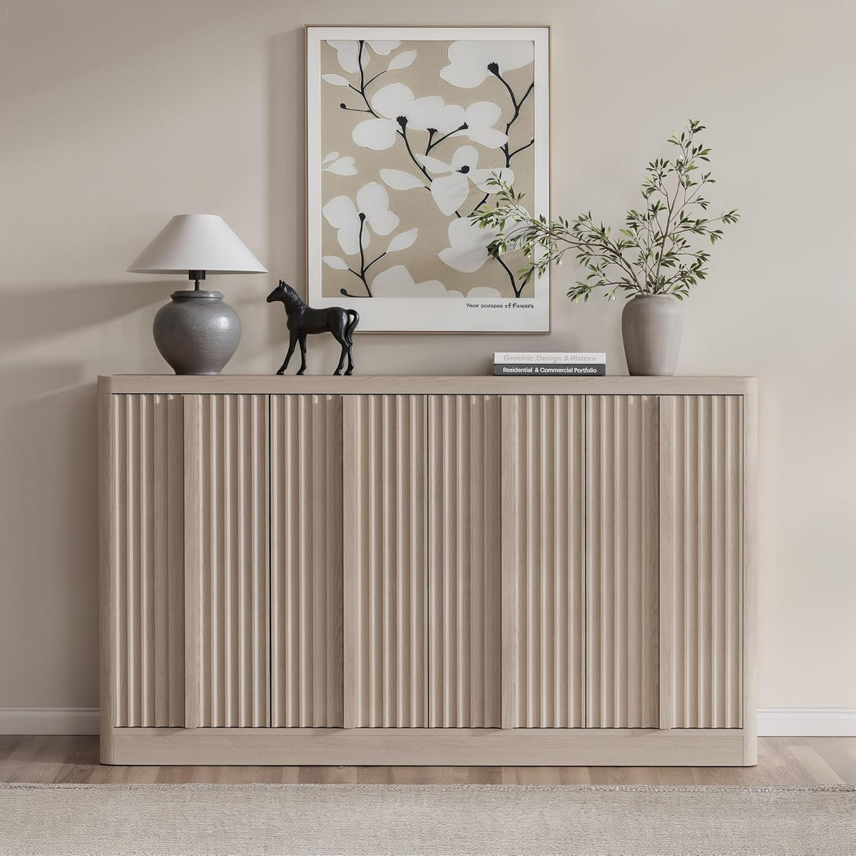 Fluted Buffet Cabinet with Storage, 60" Sideboard Buffet Accent Cabinet with 4 Door & Solid Wood