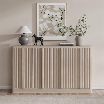 Fluted Buffet Cabinet with Storage, 60" Sideboard Buffet Accent Cabinet with 4 Door & Solid Wood