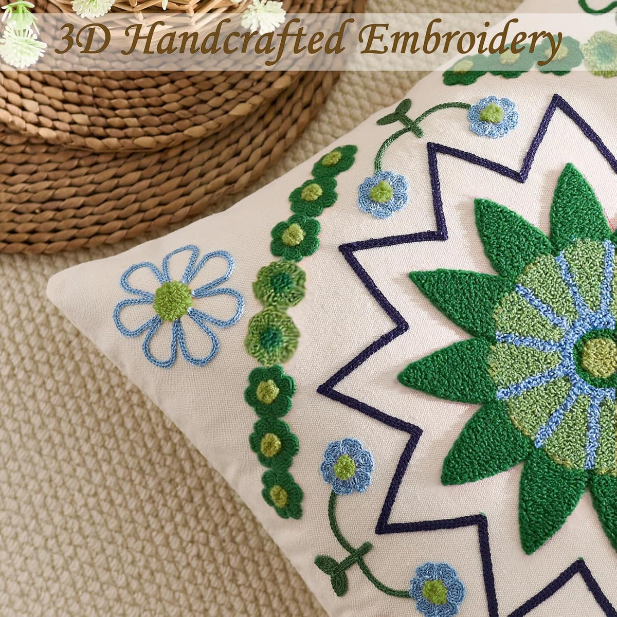 Embroidered Throw Pillow Cover 18x18 Classic Boho Floral Pattern Pillows Cover Outdoor Decorative