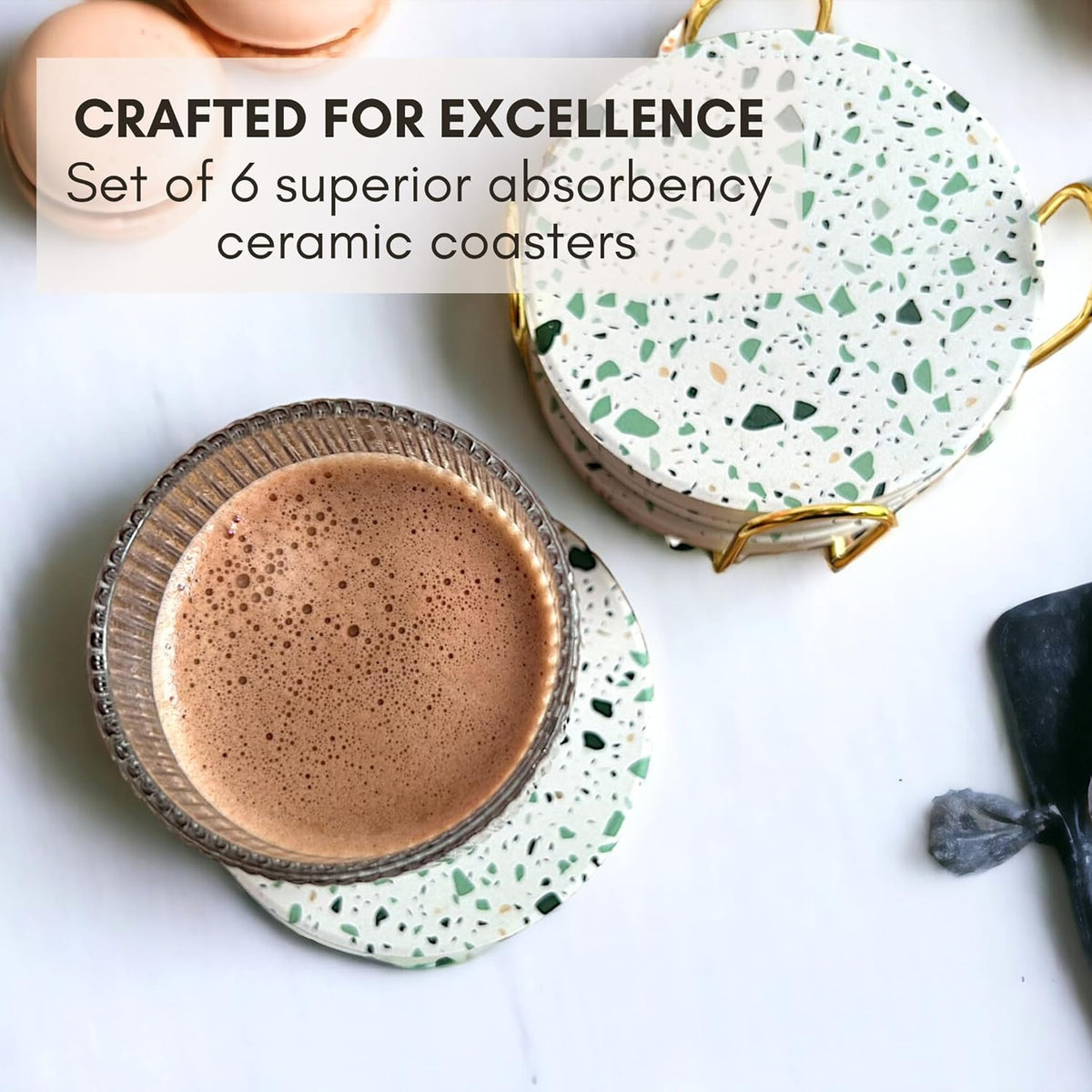 Green Terrazzo Drink Absorbent Coasters with Holder Set of 6, Ceramic Coaster for Drinks, Coffee