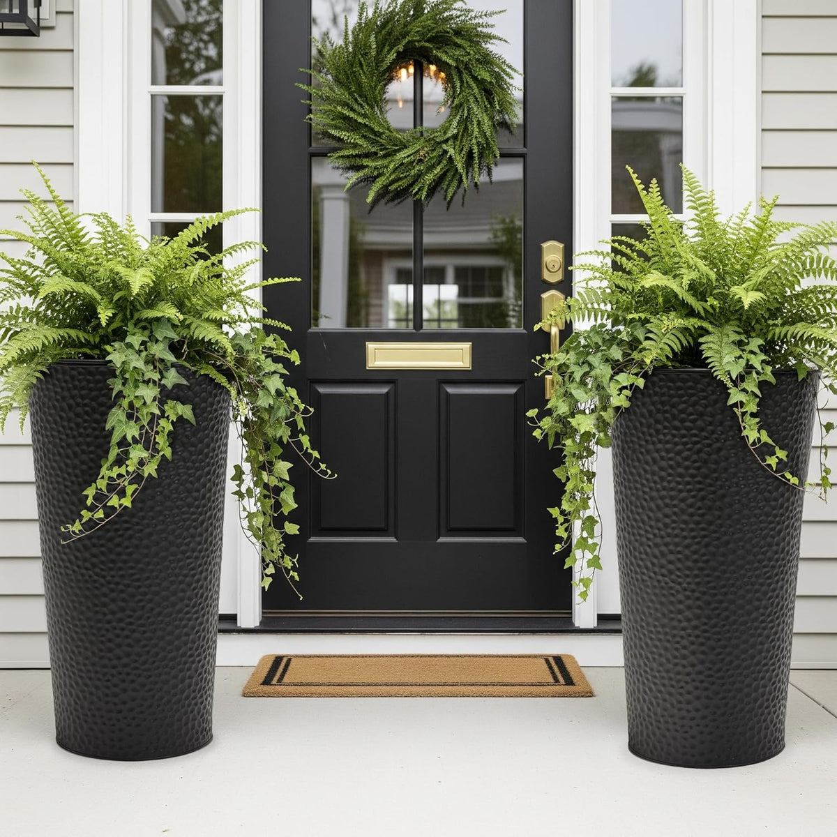 Worth Garden 2-Pack 28" H. Metal Planter with 2X Inside Pots - Hand-Hammered Texture Tall Narrow