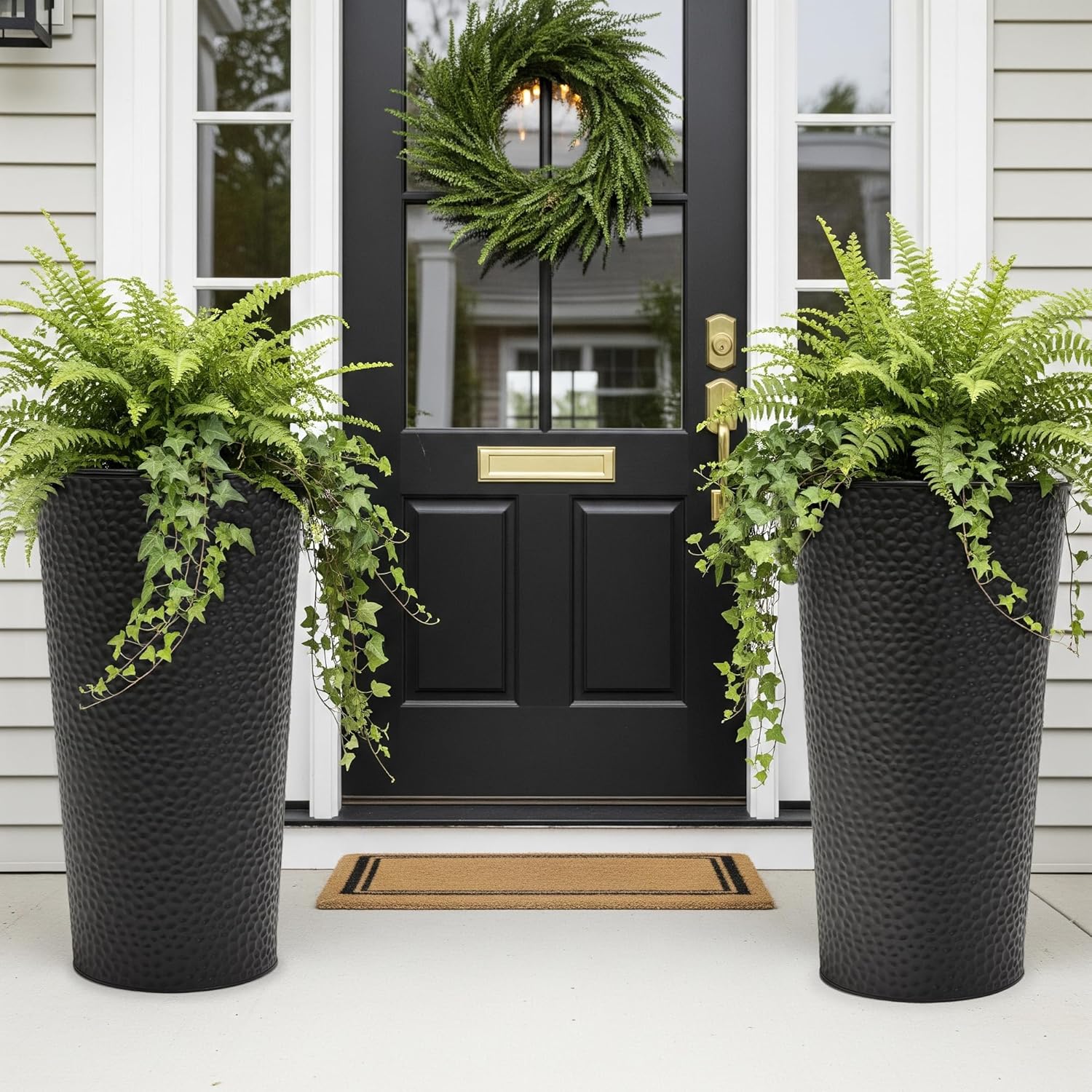 Worth Garden 2-Pack 28" H. Metal Planter with 2X Inside Pots - Hand-Hammered Texture Tall Narrow