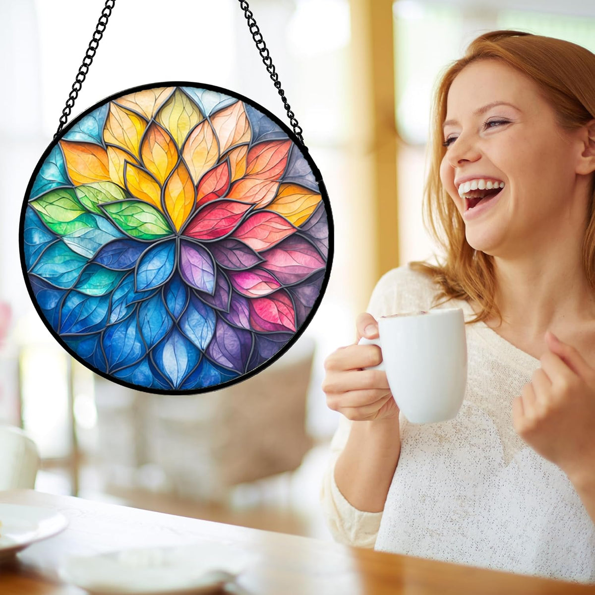 Stained Glass Window Hanging, Colorful Flower Petals Sun Catchers Diamond Glass Panel Hangings