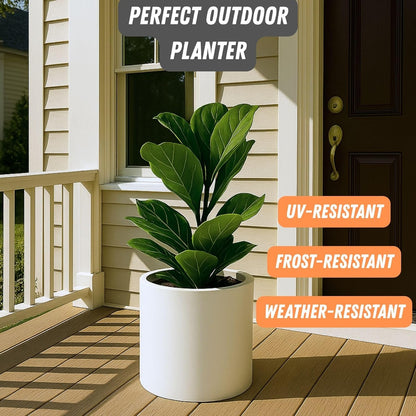 Fox & Fern Large 12 Inch Plant Pot with Hidden Saucer — Premium Lightweight Fiberstone Matte White
