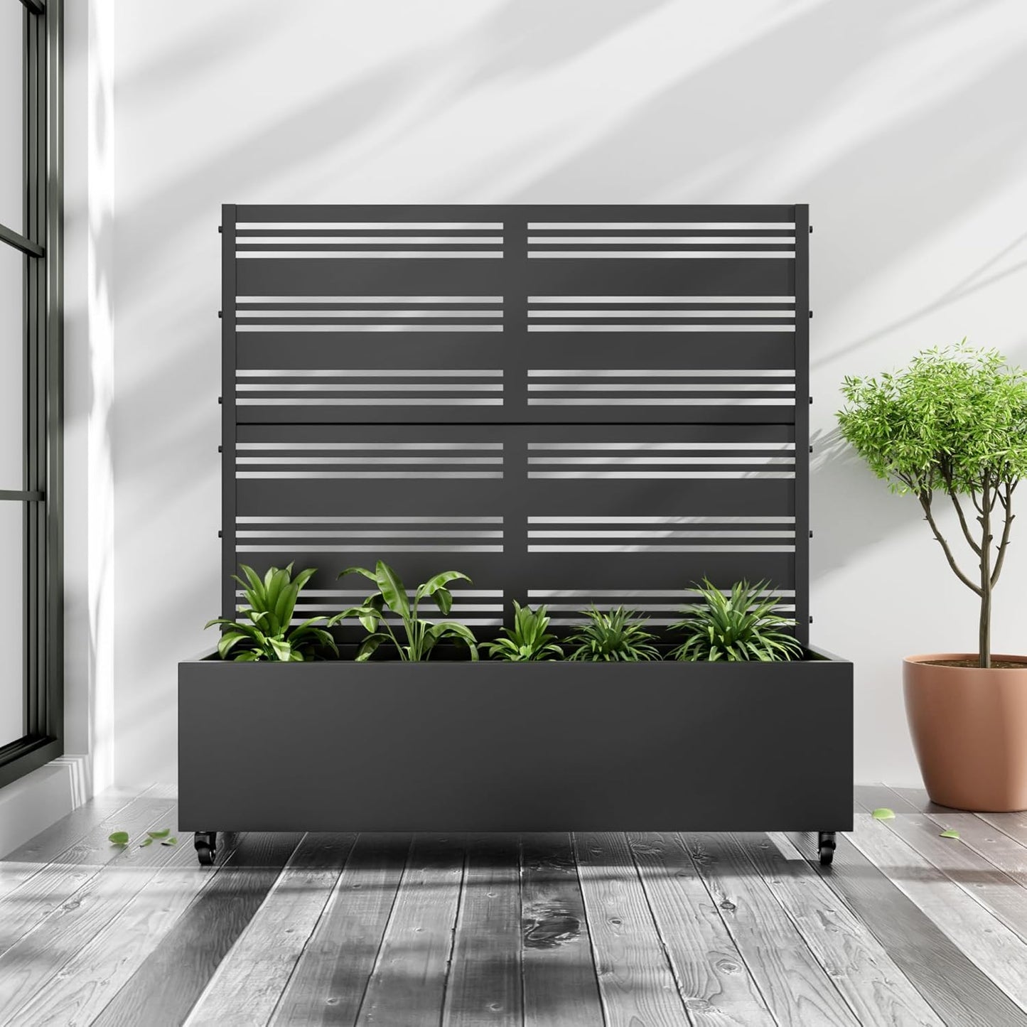 Casaphoria Metal Raised Garden Bed with Trellis and Wheels, 47"x47"x16" Planter Box for Climbing