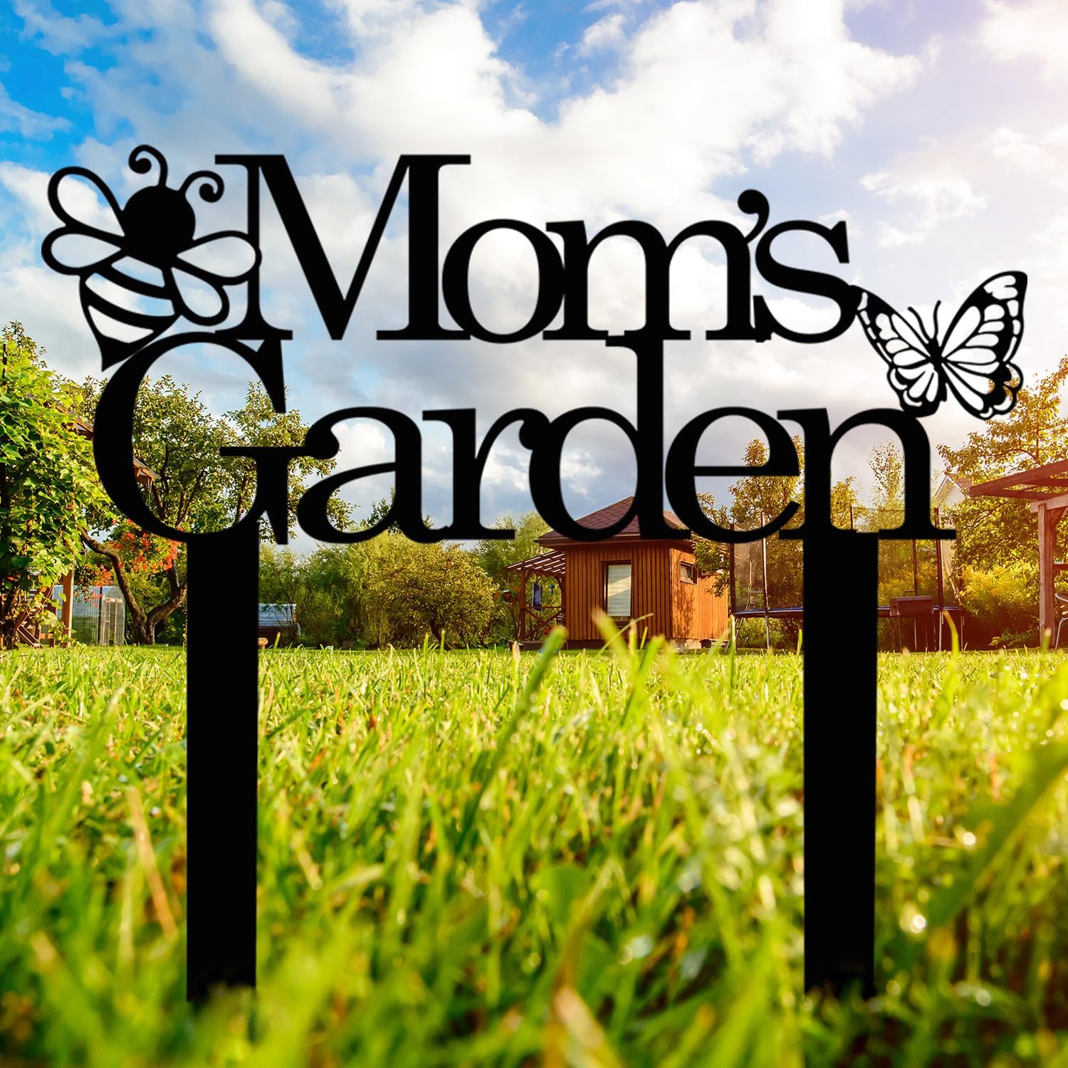 Custom Patio Meta Sign with Stake, Bee and Butterfly Decoration, Farmhouse Yard Art - Personalized