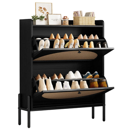 IRONCK Rattan Shoe Cabinet Storage with 2 Flip Drawers, Black