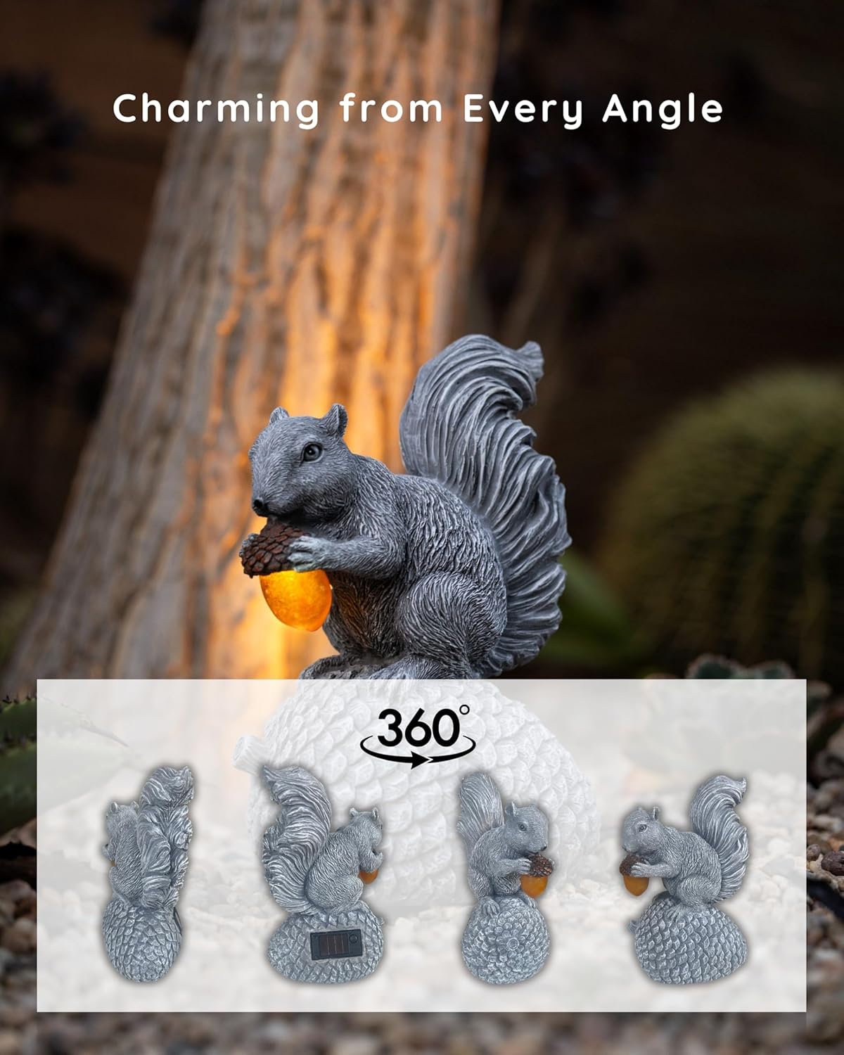 Solar Garden Statue – Hand-Painted Resin Squirrel on Pinecone with Glowing LED Acorn – Charming