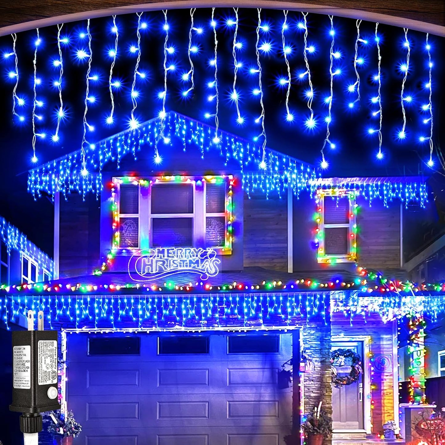 33ft 400LED Icicle Lights for Outside, Blue Christmas Lights for House Patio Yard Porch Backyard