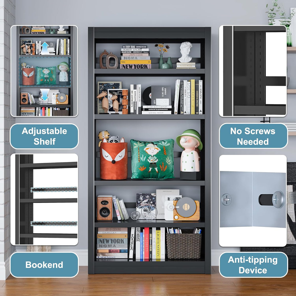 Bookcase, 5-Shelf Industrial Bookshelf, Large Storage Space, Adjustable Bookshelves, Perfect for