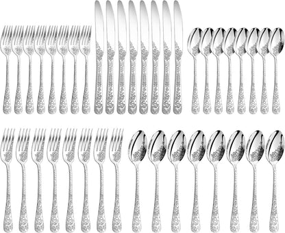 Floral 40 Pcs Silverware Set for 8, Food Grade Stainless Steel Flatware Set with Rose Flower