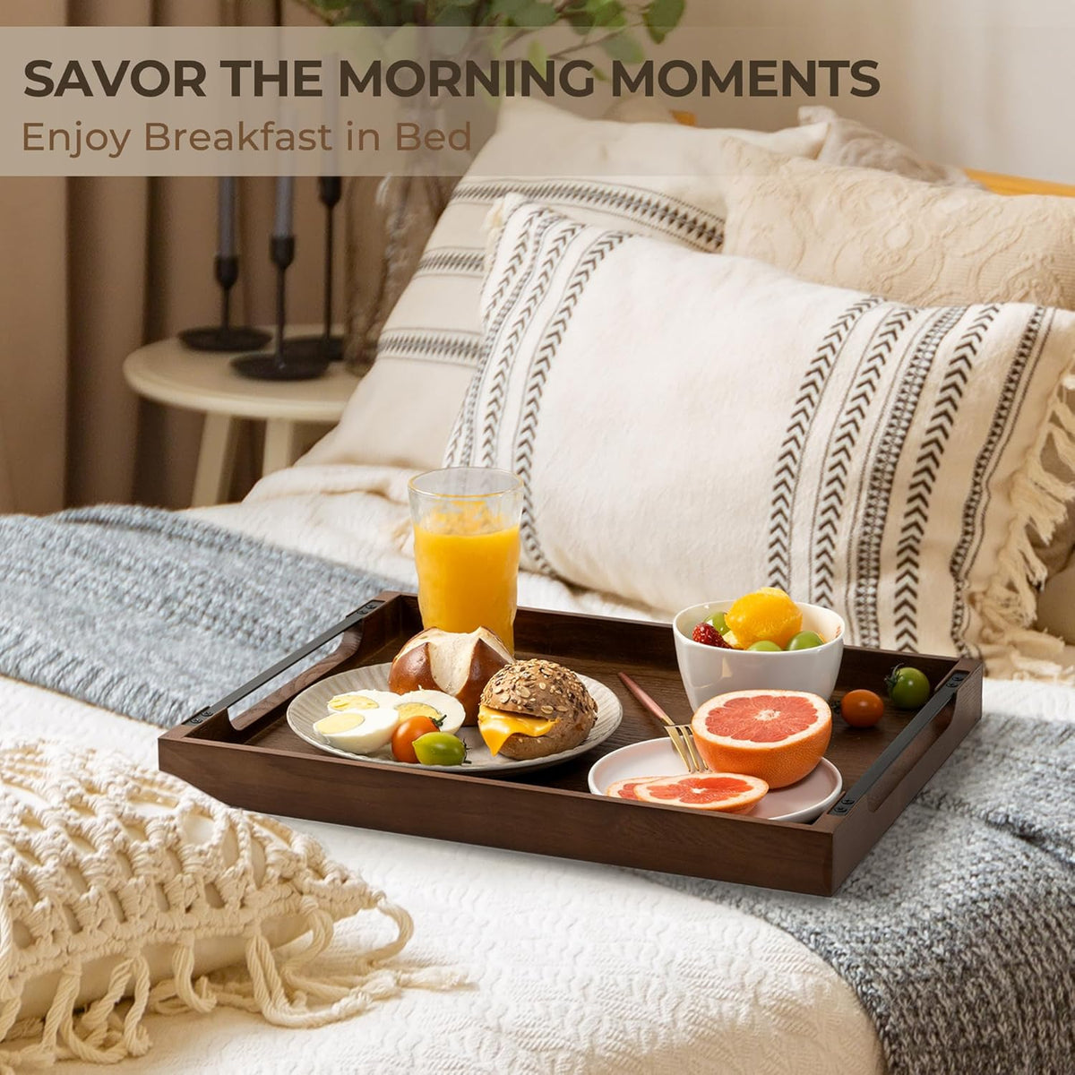 Axeman Wooden Serving Tray with Metal Handles|Ottoman Tray for Breakfast, Bed, Couch|17x13in Ash