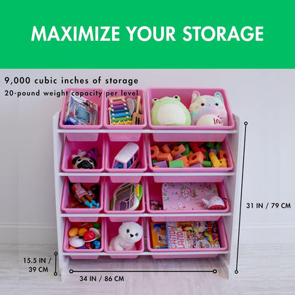 Humble Crew Kids Toy Storage Organizer with 12 Plastic Bins, White/Pink – Removable Bins for