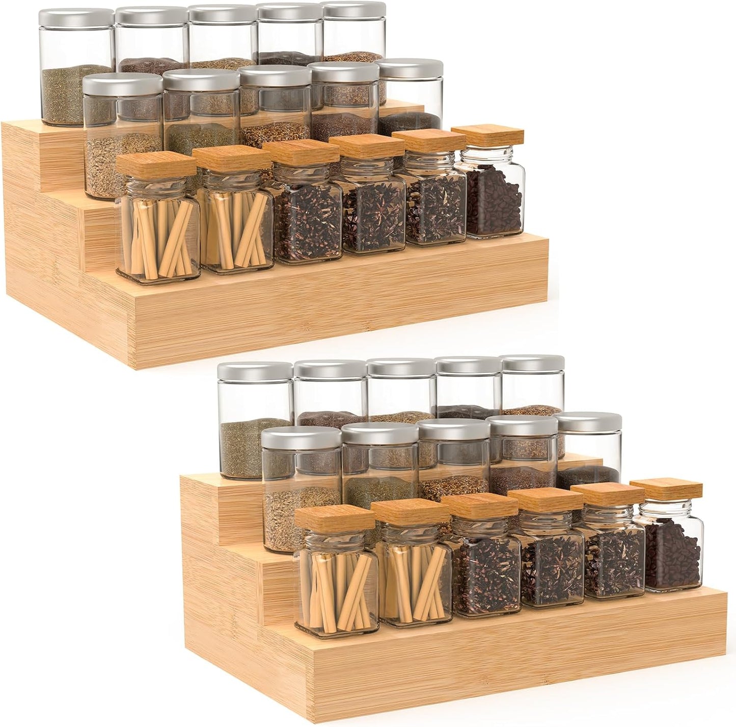 2 Pack Bamboo Spice Rack Organizer for Countertop, 3 Tier Spice Step Shelf for Cabinet (Jars Not