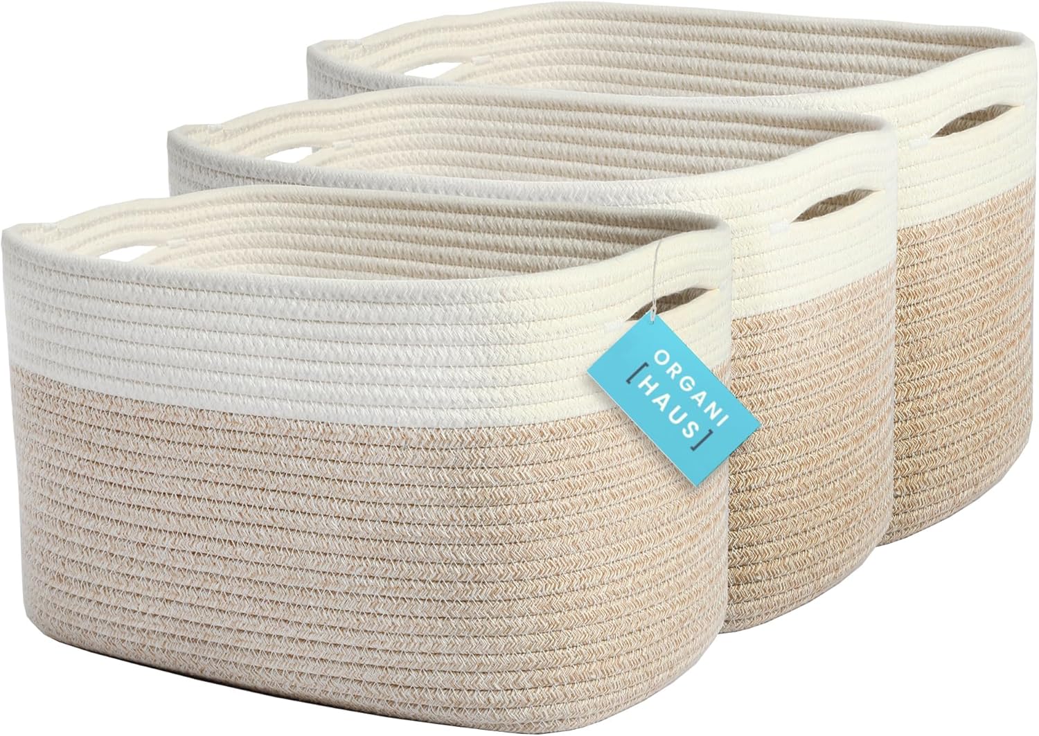 OrganiHaus Set of 3 Woven Storage Baskets for Organizing, Cotton Rope Organizer Bins for Shelves