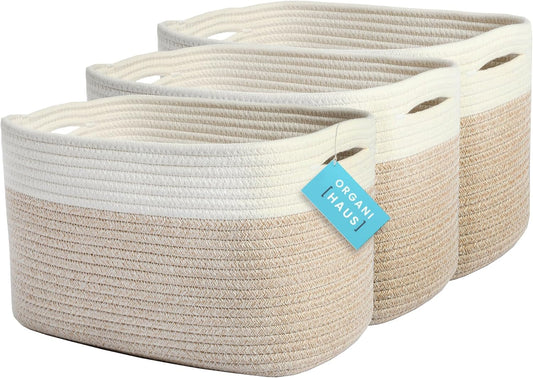 OrganiHaus Set of 3 Woven Storage Baskets for Organizing, Cotton Rope Organizer Bins for Shelves