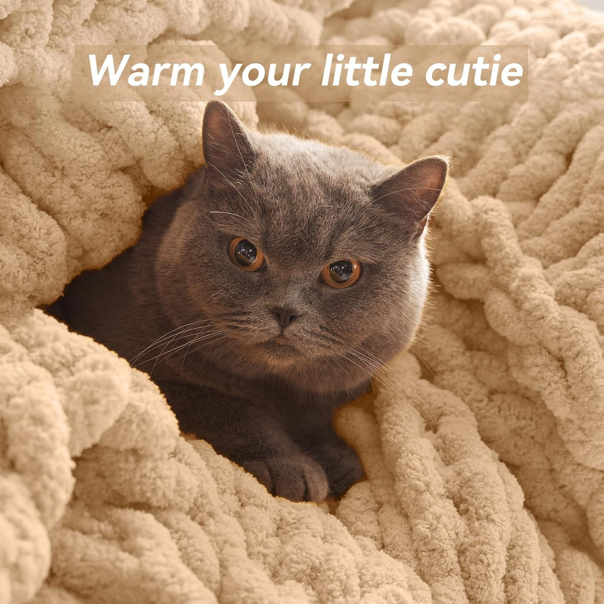 Chunky Knit Throw Blanket, 50''*60'' Knitted Throw Chenille Yarn for Bed Couch, Handmade Beige