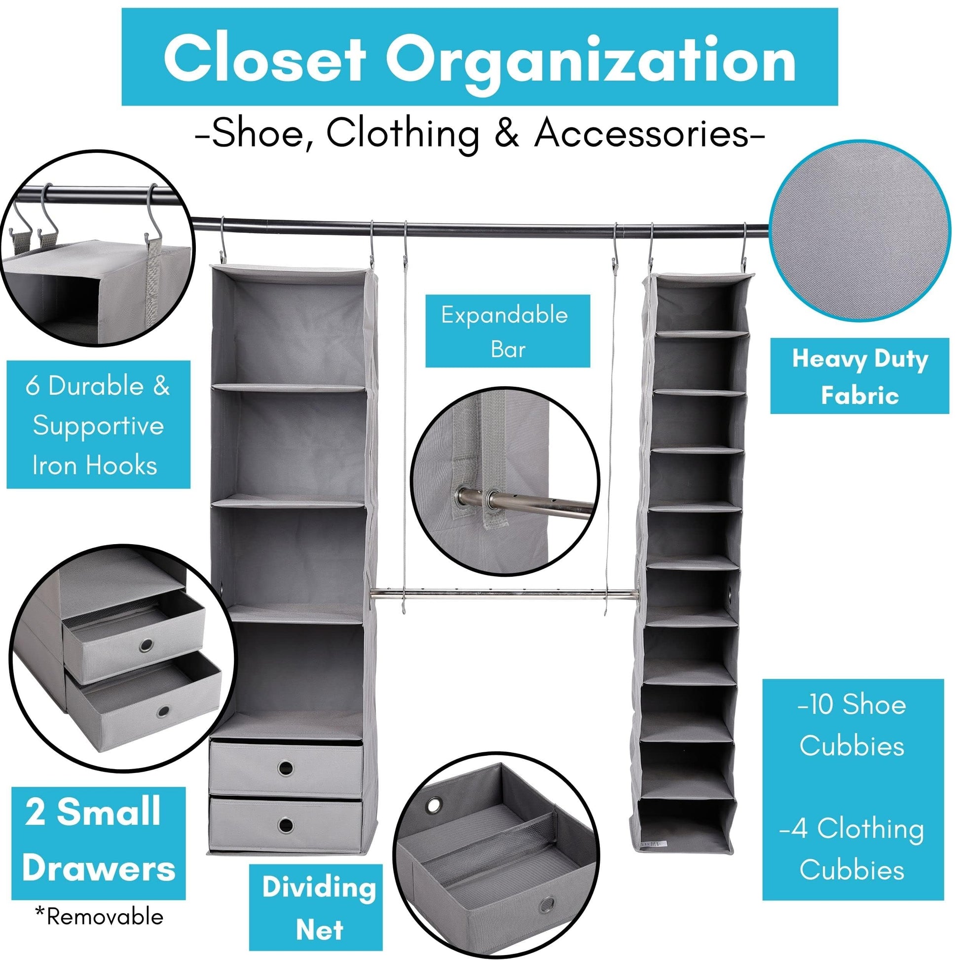 BIRDROCK HOME 5pc Hanging Closet Organizer System with Storage Shelves - Grey - Shoe Clothing