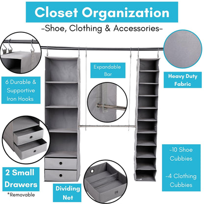 BIRDROCK HOME 5pc Hanging Closet Organizer System with Storage Shelves - Grey - Shoe Clothing