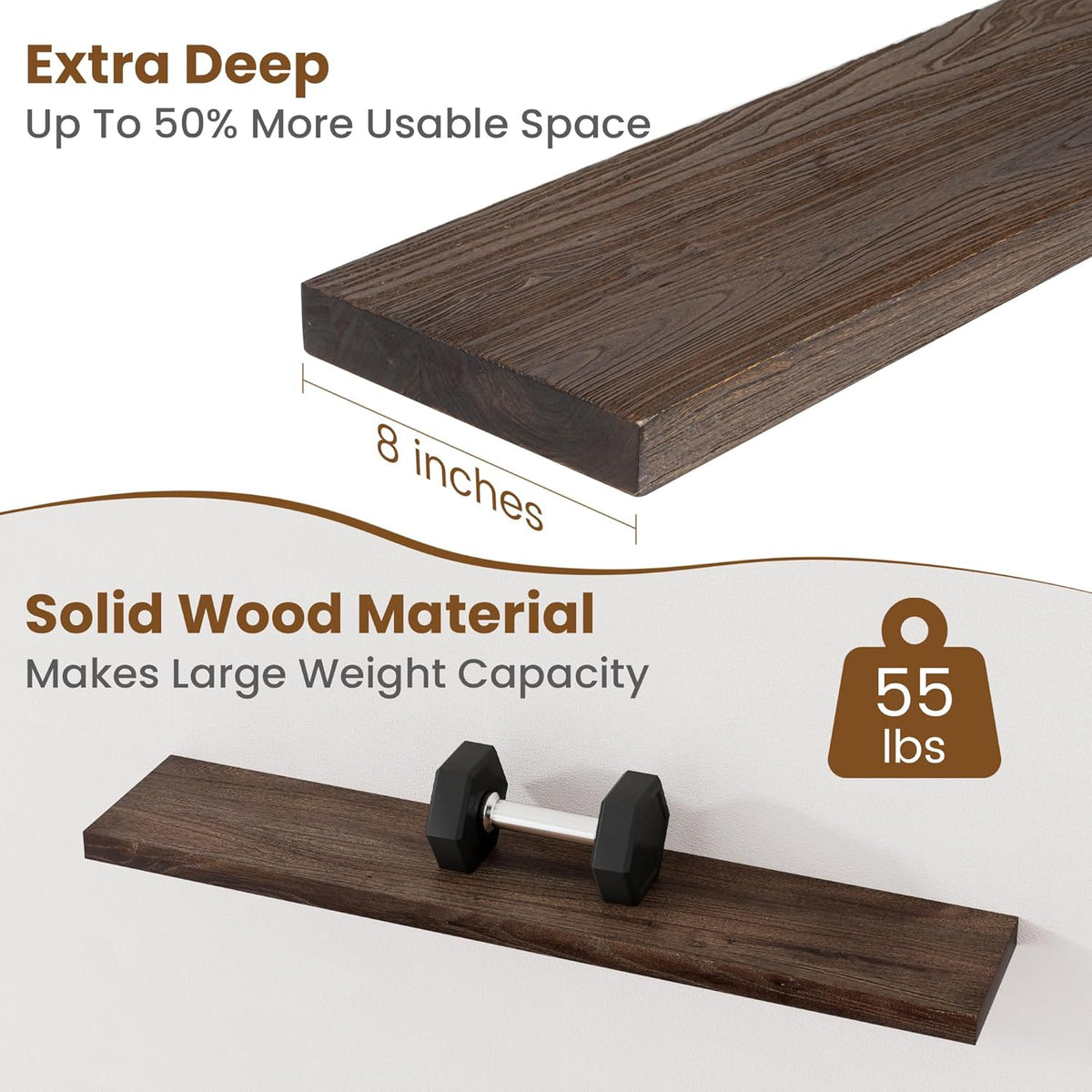 Floating Shelves for Wall Decor, 8 Inch Deep Rustic Solid Elm Wood Floating Shelves Wall Mounted