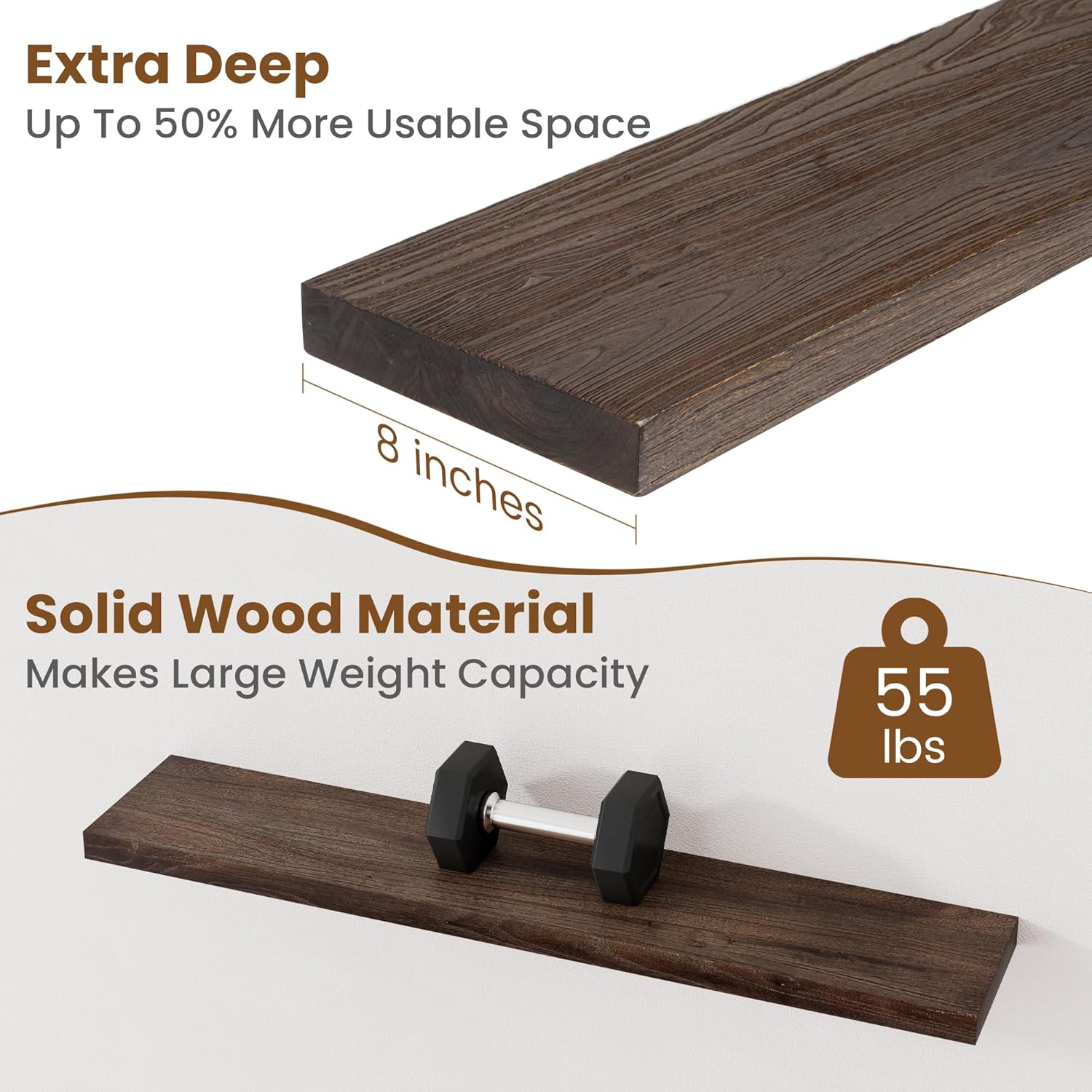 Floating Shelves for Wall Decor, 8 Inch Deep Rustic Solid Elm Wood Floating Shelves Wall Mounted