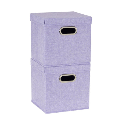 Household Essentials 814-1 Café Cube Bin Storage Set with Lids and Handles | 2 Pack, Purple Linen