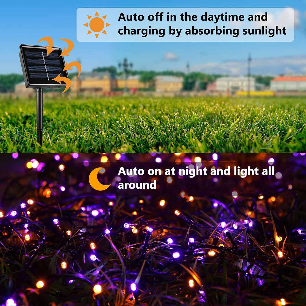 Joomer 2 Pack Orange Purple Halloween Solar String Lights Total 144 FT 400 LED 8 Modes Waterproof