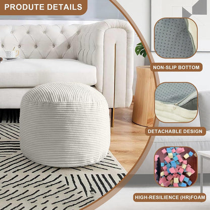 Round Stuffed Pouf Ottoman, Foot Stools Ottoman,Corduroy Poufs with Foam Chunk Filling, Furry and